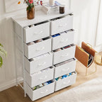 DUMOS Dresser for Bedroom, 10 Storage Drawers, Wide Fabric Closet Chests Organizer Tower Furniture with Wooden Top Metal Frame for Clothes, Guest Room, Living Room, Hallway, Entryway