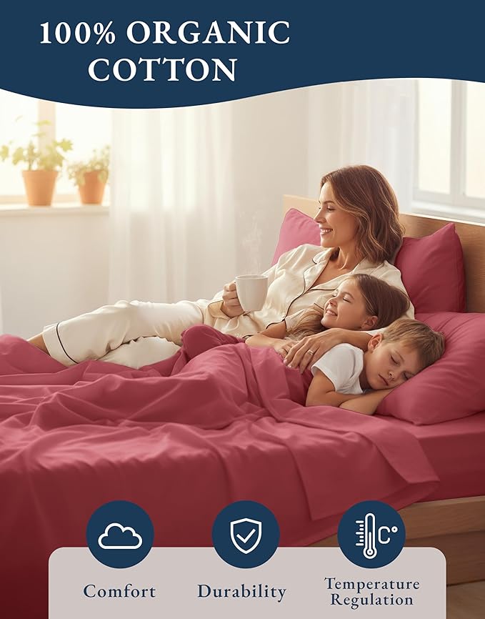 LANE LINEN 100% Organic Cotton Bed Sheets Full Size, Fully Elasticized Sustainably Produced Soft & Comfy, Machine Washable Naturally Cooling Full Sheet Deep Pocket Bedding - Mineral Red