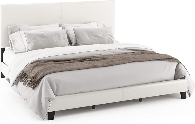 FURINNO Pessac PU Leather Upholstrered Platform, King, White