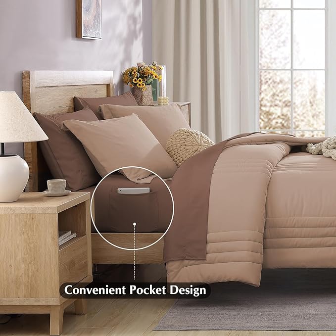 Monbix Twin XL Size Comforter Set - Extra Long 5 Pieces Dorm Bedding Sets, Quilting Design Fluffy Bed in a Bag Twin XL with Sheets, Pillowcase & Sham(Rust Pink)