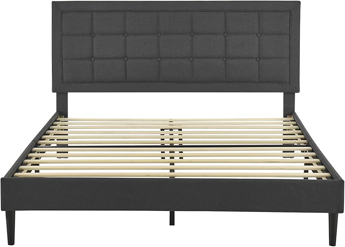 Decoro Mornington Upholstered 2.0 Platform Bed, Button-Tufted Fabric Headboard and Metal Frame with Wood Slat Support, Dark Grey, Full