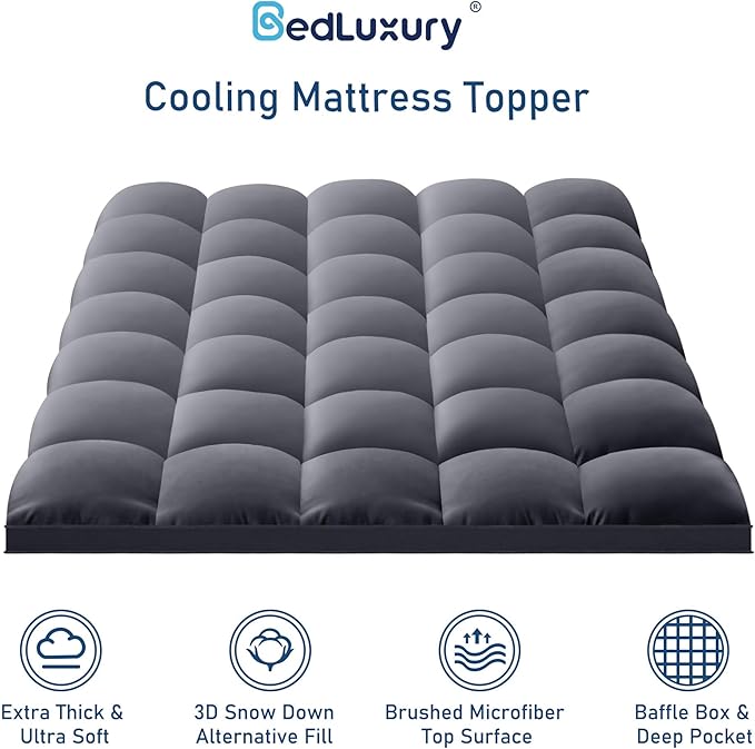 King Mattress Topper Extra Thick Pillowtop Cooling Plush Mattress Pad Cover Protector with 8-21 Inch Deep Pocket 3D Snow Down Alternative Fill Grey