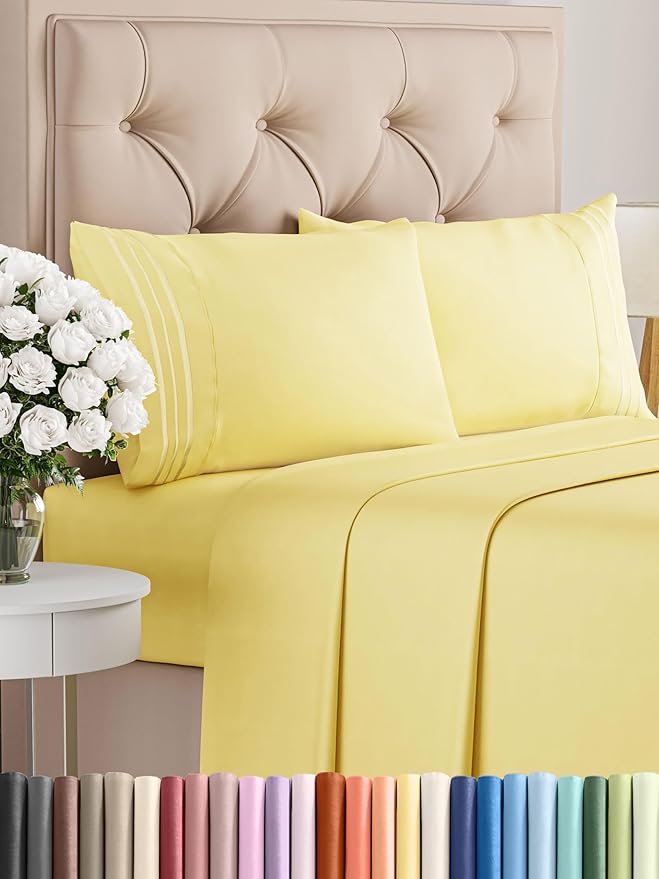 Queen Size 4 Piece Sheet Set - Comfy Breathable & Cooling Bed Sheets Set - Hotel Luxury Bedding for Women, Men, Kids, Teens, Boys & Girls - Deep Pockets, Ultra-Soft, Wrinkle Free - Oeko-Tex - Yellow