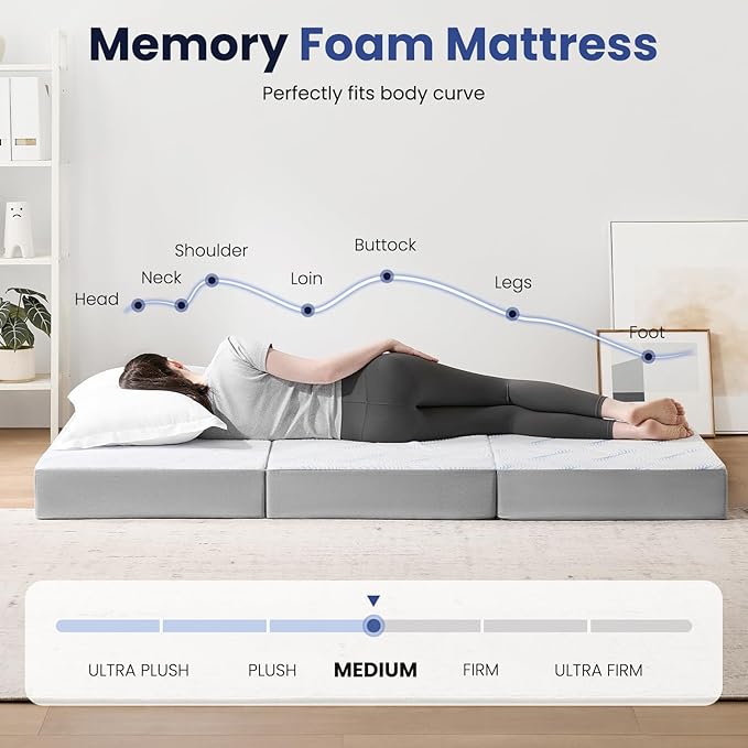 Foldable Mattress Queen 6 inch -Portable White Memory Foam Folding Matress with Washable Cover for Camping Travel Guest Room Home Use-Non-Slip&Easy Storage
