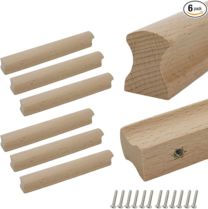 6Pcs Unfinished Beech Wood Solid Furniture Pulls Handles,Unfinished Unpainted Paintable Wooden Handles Cupboard Closet Drawer Handle Pull,Length 6.3",Hole Dis.5.04"