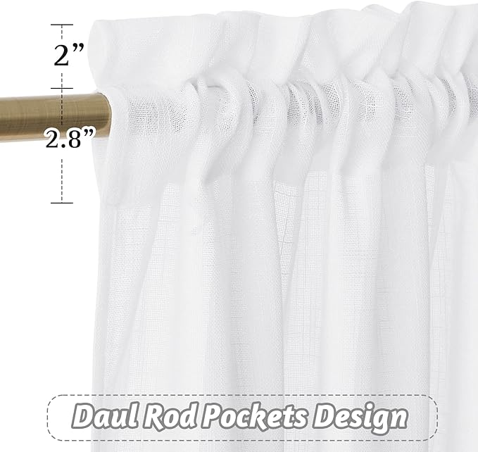 RYB HOME White Linen Curtains for Living Room Bathroom Kitchen, Rod Pocket Semi Translucent Breathable Home Decor Short Small Window Drapes, W 34 x L 45 inches, White, 2 Panels