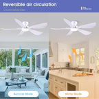 52 Inch Modern Ceiling Fans with Lights, Flush Mount Ceiling Fan with Light and Remote/APP Control, 5 Reversible 6 Speeds Curved Blades, 3 CCT Dimmable Lights for Bedroom, White