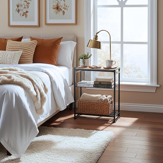 Dulcii Small Side Table for Small Spaces - Slim End Table with Magazine Holder Narrow End Table Living Room - Skinny Bedside Table Nightstand Bedroom Thin Side Table, Oak