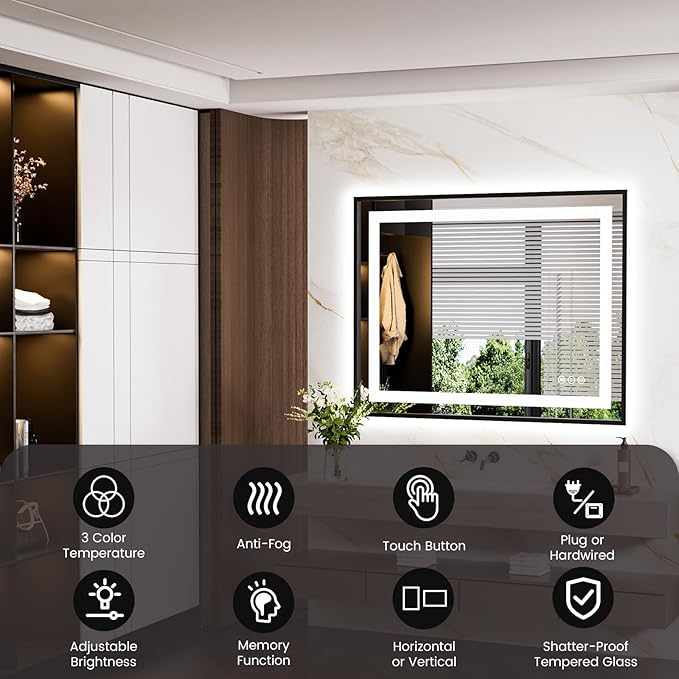 LED Bathroom Mirror,40"x36" Mirror with Black Frame, Front Light and Backlit, Stepless Dimmable, Anti-Fog, Shatter-Proof, Memory, 3 Colors, Double LED Vanity Mirror