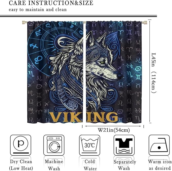 Viking Wolf Curtains Blue Rune Nordic Gothic Animal Curtains Dark Ancient Totem Mythological Pattern Printed Curtains Boys Bedroom Living Room Decoration Blackout Curtains W42 * L45 Inch