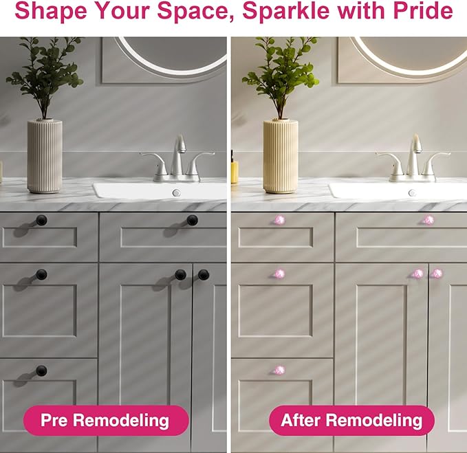 POZEAN Crystal Cabinet Knobs 12Pack, 1.18inch Dresser Knobs for Cabinet, Drawer with Two Different Sizes Screws, Diamond Glass Pulls Handles (30mm, 12Pack, Pink-Silver)