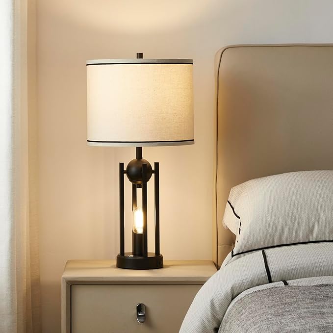 25'' Farmhouse Table Lamps for Living Room Set of 2 with USB C+A Ports, Vintage Bedside Lamp for Bedroom, Touch Lamps for Nightstand, Dual Lights Independent Switch, 4 Bulbs Included, Black