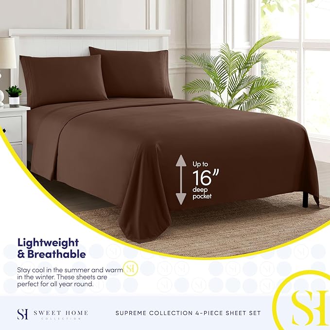 Queen Size Bed Sheets - Breathable Luxury Sheets with Full Elastic & Secure Corner Straps Built In - 1800 Supreme Collection Extra Soft Deep Pocket Bedding Set, Sheet Set, Queen, Brown