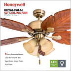 Honeywell Ceiling Fans Royal Palm, 52 Inch Tropical LED Ceiling Fan with Light, Pull Chain, Three Mounting Options, Hand Carved Solid Wood Blades - Model 50504-01 (Aged Brass)