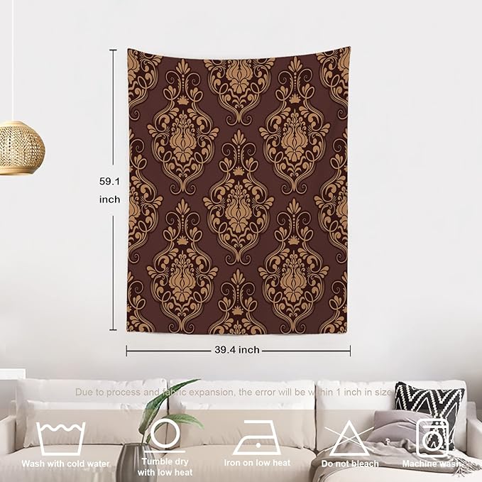 Batmerry Brown Damask Floral Tapestry,Vintage Golden Brown Damask Pattern Wall Art Hanging Decoration Polyester Fiber White Ruffled Around for Dorm Room Bedroom Living Room, 59.1x39.4 inches