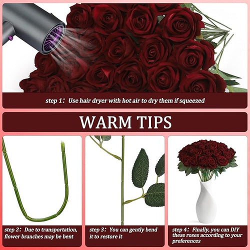 30pcs Fake Roses Artificial Silk Flowers Long Stems Bouquet for Wedding Bridal Shower Party Home Decoration(Wine Red)