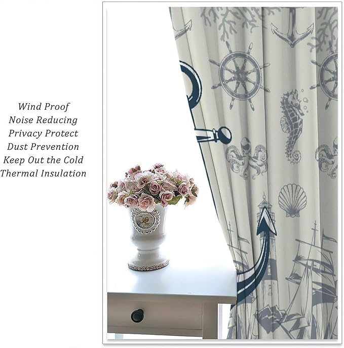 Nautical Anchor Curtains, Vintage Sailboat Ocean Coastal Lighthouse Window Drapes, Navy Blue Coral Shell Seahorse Beach Print Blackout Window Treatments for Living Room Bedroom 72x63in