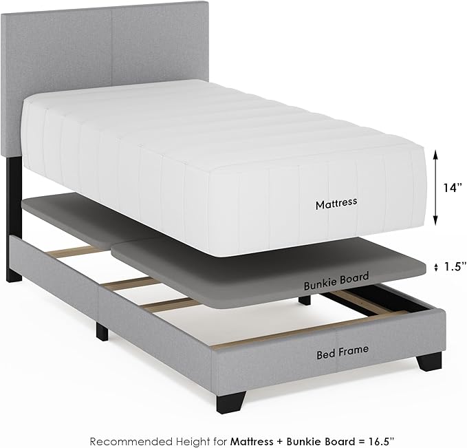 Furinno Pessac Fabric Upholstered Bed Frame with Wooden Slat Support, Twin, Glacier