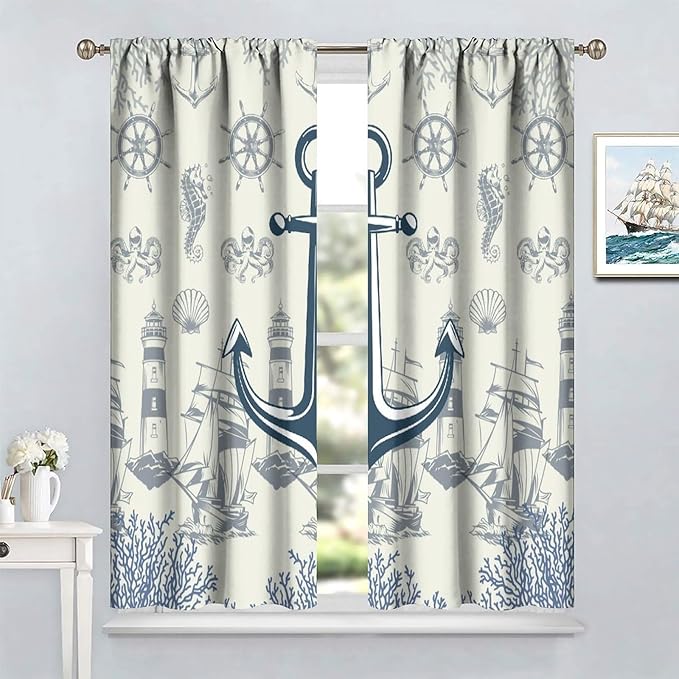 Nautical Anchor Curtains, Vintage Sailboat Ocean Coastal Lighthouse Window Drapes, Navy Blue Coral Shell Seahorse Beach Print Blackout Window Treatments for Living Room Bedroom 72x63in
