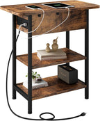 LIDYUK End Table with Charging Station, Flip Top Side Table with USB Ports and Outlets, Nightstand for Small Spaces, Bedside Tables with Storage Shelf for Living Room, Bedroom, Brown