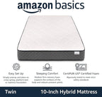 Amazon Basics Memory Foam Mattress, Twin Size Mattress, Hybrid, 10-Inch, Medium Feel, Motion Isolation Springs, White/Gray