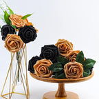 Black and Gold Flowers Artificial Roses for Centerpieces, 50PCS Fake Flowers for Wedding Decorations Bouquets Baby Shower Centerpieces Home Decor Arrangements Party