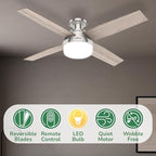 Hunter 52 inch Indoor Ceiling Fan with LED Light and Remote Control- Modern Ceiling Fan, Low Profile Mount, 4 Light Gray Oak Blades, For Bedroom, Living Room, or Kitchen- Dempsey 50283, Brushed Nickel
