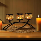 Black 3-Arm Crystal Candle Holders Arched - Elegant Tabletop Candelabra Centerpiece for Weddings, Dining Room Decor, Modern Home & Cabinet Display Housewarming