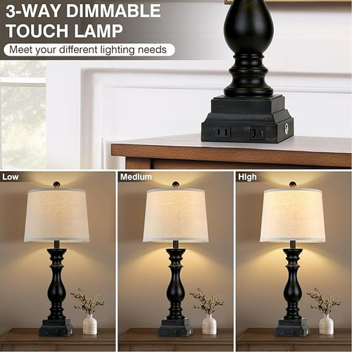 28" Farmhouse Table Lamps Set of 2 with USB C+A Ports and AC Outlet, 3 Way Touch Tall Vintage Bedside Lamp for Living Room, Black Rustic Nightstand Lamp for Bedroom Office