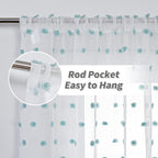 MYSKY HOME 108 Inch Long Large Pom Pom Sheer Curtains for Living Room - Aqua White, Light Filtering, Rod Pocket Window Panels - 38 x 108 inch, 2 Pieces