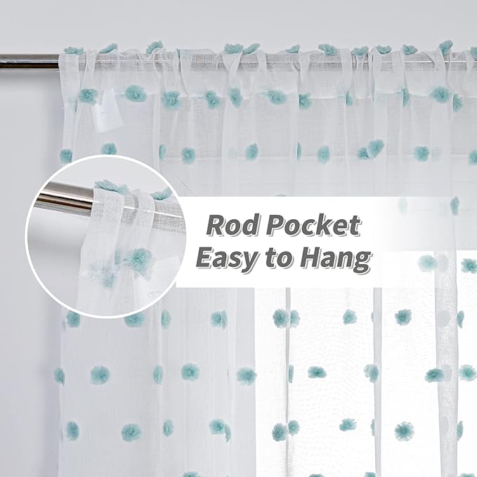 MYSKY HOME 108 Inch Long Large Pom Pom Sheer Curtains for Living Room - Aqua White, Light Filtering, Rod Pocket Window Panels - 38 x 108 inch, 2 Pieces