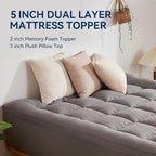 BDEUS Dual Layer 5 Inch Memory Foam Mattress Topper King Size, 2 Inch Gel Memory Foam Plus 3 Inch 1450 GSM Down Alternative Quilted Pillow Top Mattress Pad Cover,Dark Gray