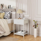 Furologee White Nightstand with Fabric Drawer, Small Side Table for Small Spaces, 2 Tiers Storage Shelves End Table, Night Stand for Living Room, Bedroom, Dorm
