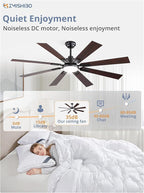ZMISHIBO 62 inch Large Ceiling Fans with Lights and Remote, Indoor/Outdoor Black Modern Ceiling Fan for Kitchen Living Room Patio, 6 Speed Reversible Quiet DC Motor, 3 CCT, Dual Finish 8 Blades