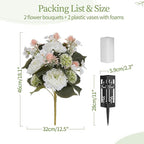 White Artificial Flowers for Cemetery: 2 Pcs Peony Grave Flower Bouquets for Cemetery Decorations - Outdoor Gravesite Flowers with Vase