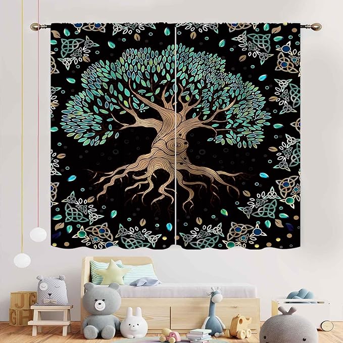 Tree of Life Curtains, Hippie Green Leaves Tree Life Vikings Celtic Nordic Aesthetic Mythology Window Drapery Treatments for Bedroom Living Room Bathroom 2 Panels, 84"x63" Inch