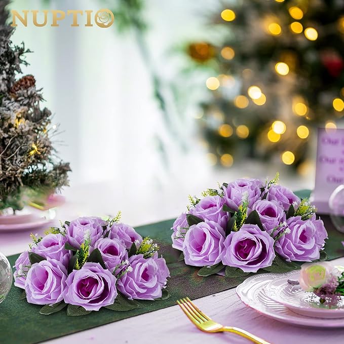 NUPTIO Artificial Flower Centrepieces for Tables - 2 Pcs Lilac Fake Flowers Roses Balls 9.5in Diameter - Silk Faux Rose Arrangement for Wedding Party Centerpiece Table Decor