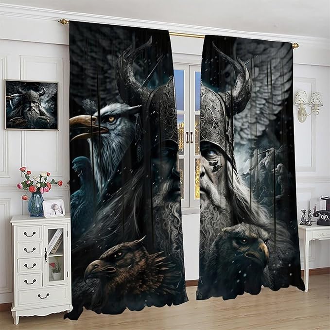 Fantasy Norse Viking Curtains,Cool Gothic Vintage Vikings Mystical Symbol Eagle Window Treatments Thermal Insulated Rod Pocket Blackout Drapes for Bedroom 2 Panels 72L x 31.5W