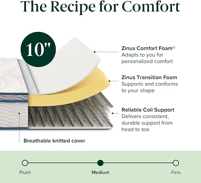 ZINUS 10 Inch Spring Sensation Hybrid Mattress [New Version], Twin, Fiberglass Free, Medium Firmness, Durable Support, Certified Safe Foams & Fabric, Mattress in A Box
