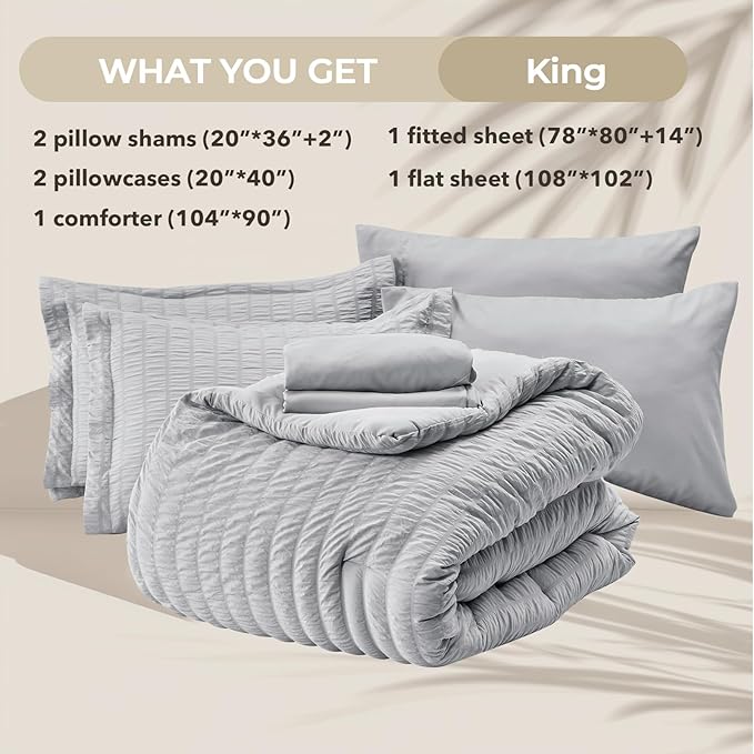 HYMOKEGE Light Grey King Size Comforter Set Seersucker 7 Pieces, All Season Luxury Bed in a Bag for Bedroom, Bedding Set with Comforters, Sheets, Pillowcases & Shams