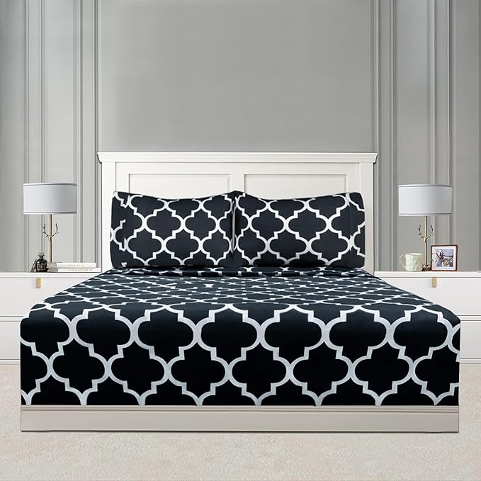 Mejoroom Queen Bed Sheet Set - Super Soft Brushed Microfiber 1800 Thread Count Queen Sheets with 16 inch Deep Pocket - Wrinkle Free - 4 Piece(Queen, Black Quatrefoil with White Pattern)