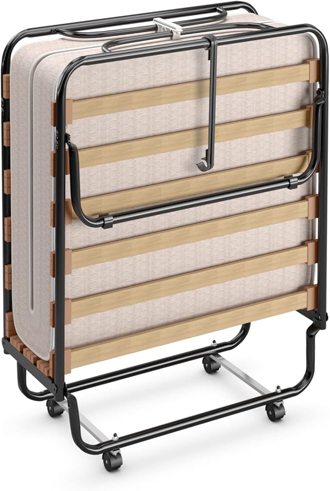 Giantex Folding Bed with Mattress for Adults, Rollaway Guest Beds w/Memory Foam Mattress & Metal Frame, Made in Italy, Cot Size Rollaway Bed, Portable Foldable Sleeper Bed for Home, Beige