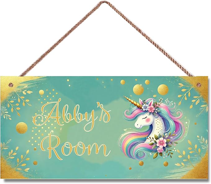 Personalized Magic Rainbow Unicorn Door Sign Girls Bedroom Kids Nursery Wall Decor Custom Name Art Wooden Plaque For Home Kitchen Garden Yard Wall Front Door Decor