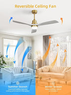 Sofucor 52 Inch Smart Ceiling Fans with Lights and Alexa/Google Assistant/APP/Remote Control-Modern Solid Wood Outdoor 3 Blades Ceiling Fan for Bedroom Living Room Indoor Farmhouse Patio, Grey Gold