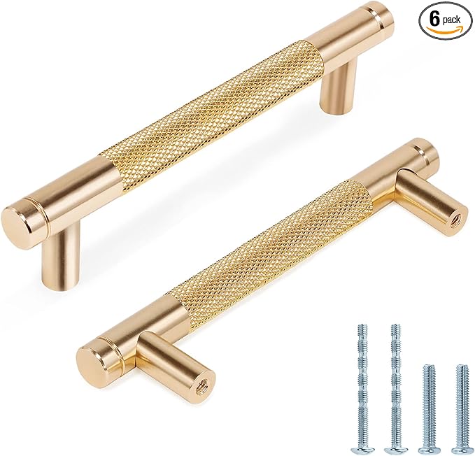 Knurled Cabinet Pulls 6 Pack, 5 Inch Long Cabinet Handles Metal Door Pulls, Kitchen Drawer Pull Knurled Dresser Handles - 3 3/4" Hole to Hole, Golden