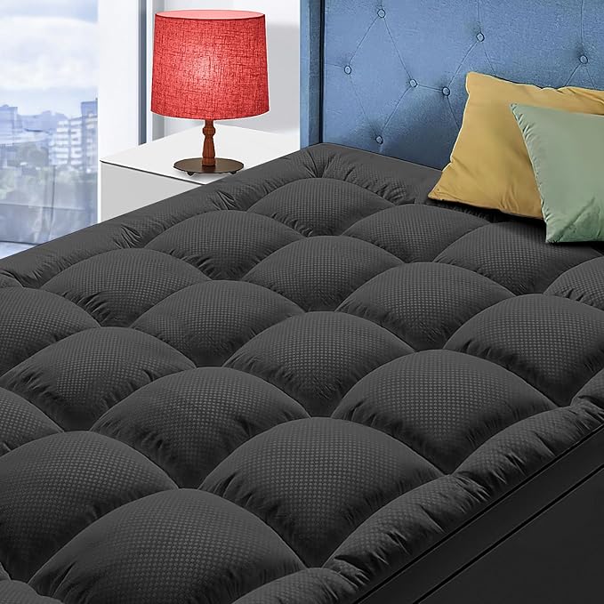 California King Mattress Topper for Back Pain, Cooling Extra Thick Mattress Pad Cover with 8-21 inch Deep Pocket, Plush Pillow Top Mattress Topper Overfilled with Down Alternative,Cal King,Black
