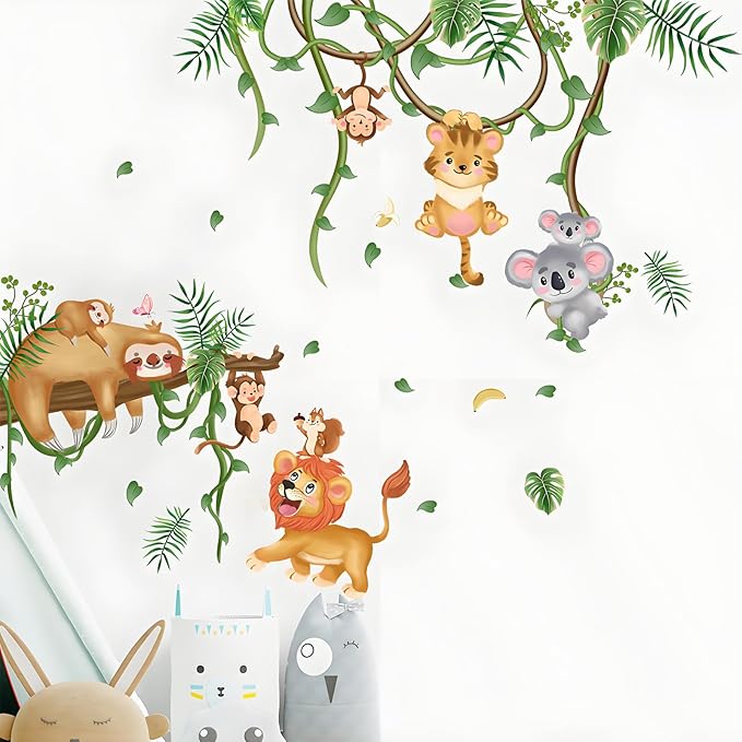 Jungle Animal Wall Stickers Sloth Koala Lion Tiger Safari Wall Decals Kid Room Nursery Baby Bedroom Décor