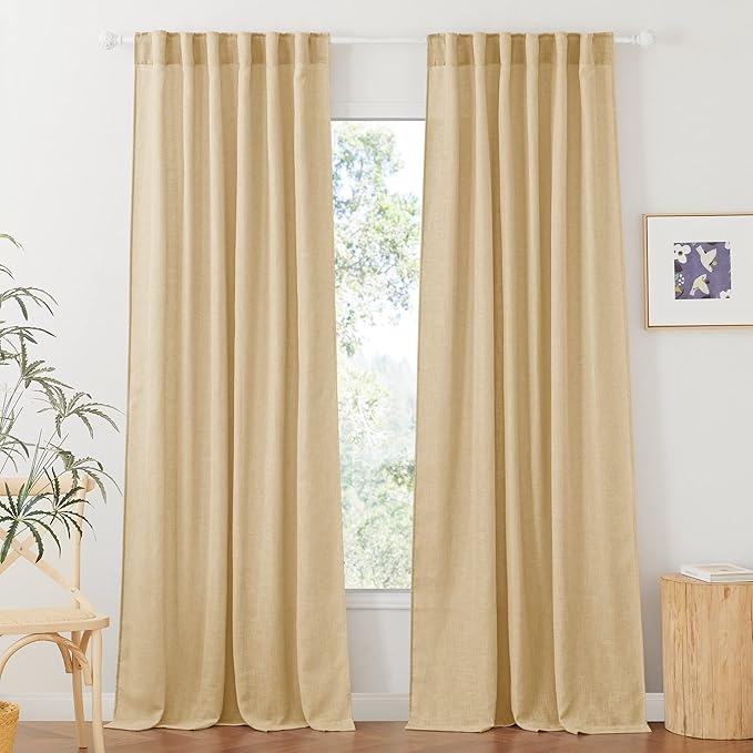 Semi Sheer Curtains for Bedroom - Linen Texture Sheer Privacy for Home Theater Backdrop Diffuse Sunlight Exposure for Sunroom Balcony Terrace, Beige, Wide 52 x Long 90, Set of 2