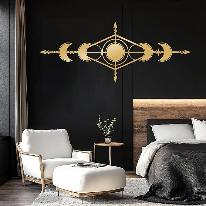 Hfrolixit Moon Phase Metal Wall Decor, Boho Moon Metal Wall Art, Celestial Wall Decor, Scandinavian Natural Wall Art, Astrology Wall Hanging (Black, 30"x12"/76x31cm)