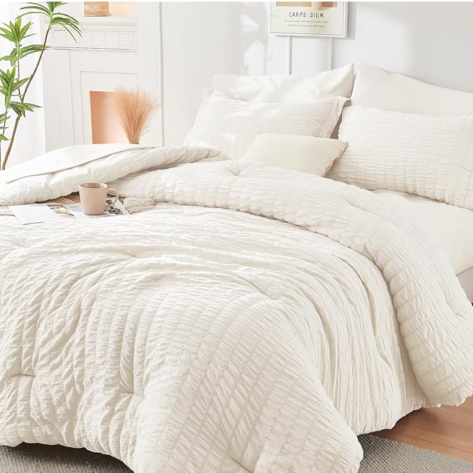 HYMOKEGE Ivory California King Comforter Set Seersucker 7 Pieces, All Season Luxury Bed in a Bag for Bedroom, Bedding Set with Comforters, Sheets, Pillowcases & Shams